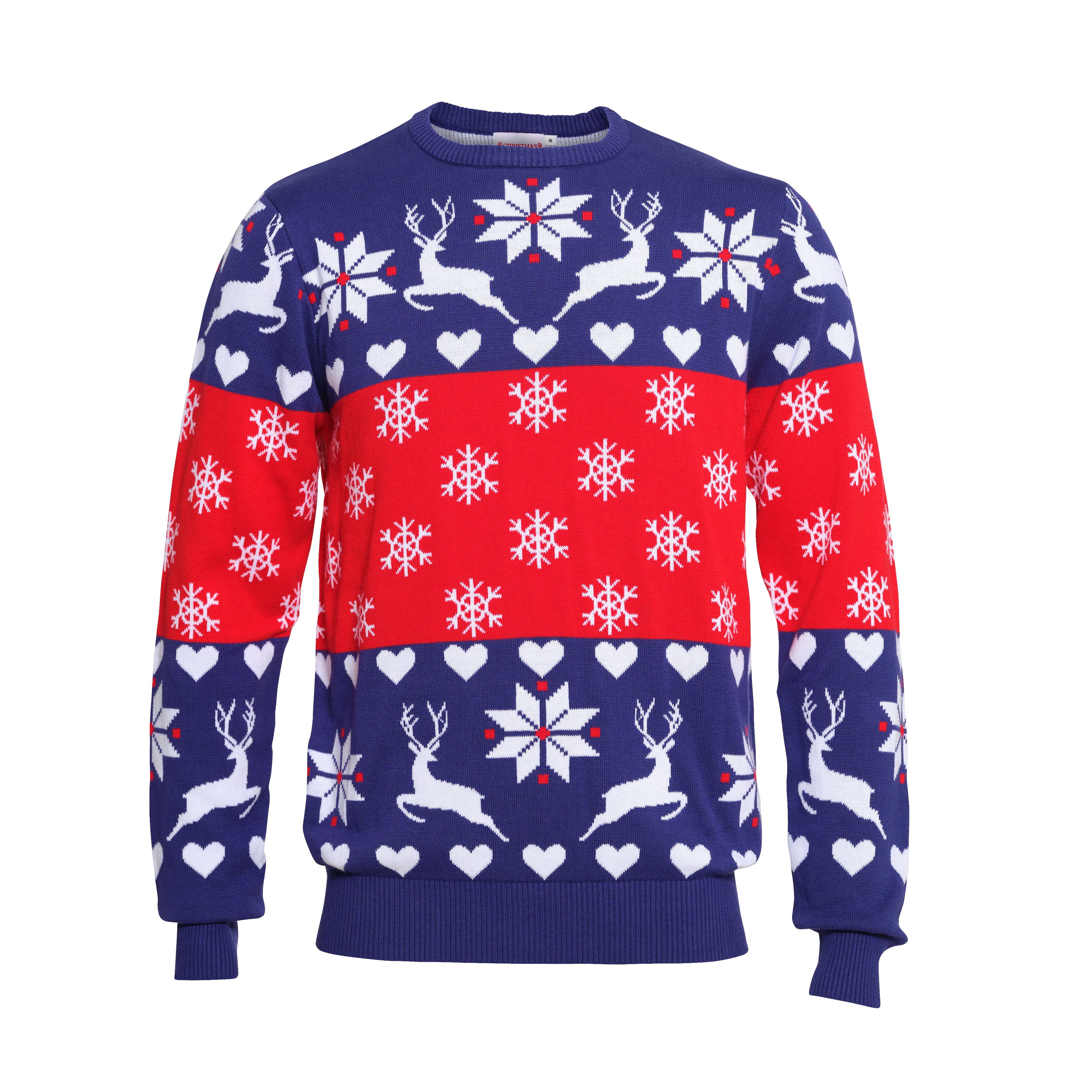 En julesweater med rensdyr og snefnug på.
